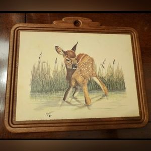 1980 AL Dornish Spotted Baby Deer Fawn Art Lithograph Litho on Wood